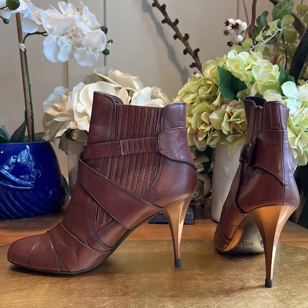 Miu Miu Capretto Stitch Cotto Leather Booties in Brown Leather and Copper